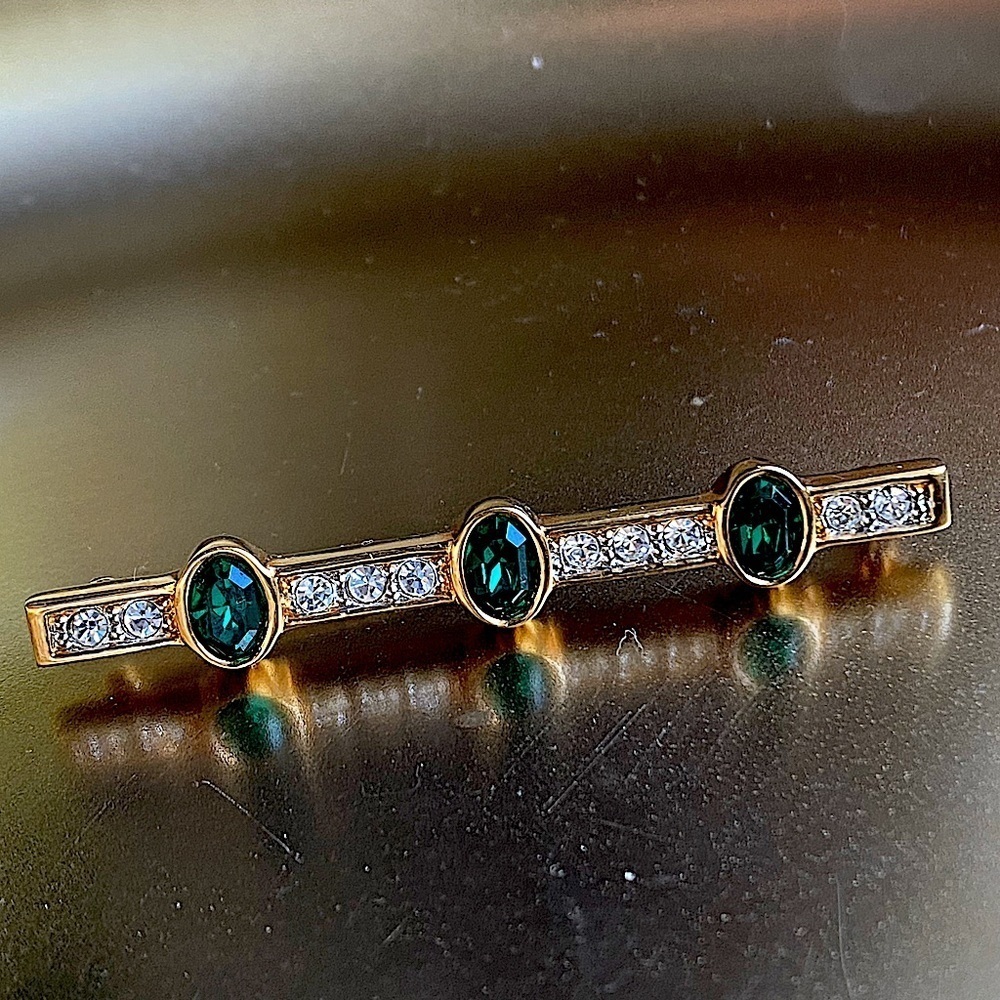 Swarovski S.A.L bar gold tone pin with green and white crystals